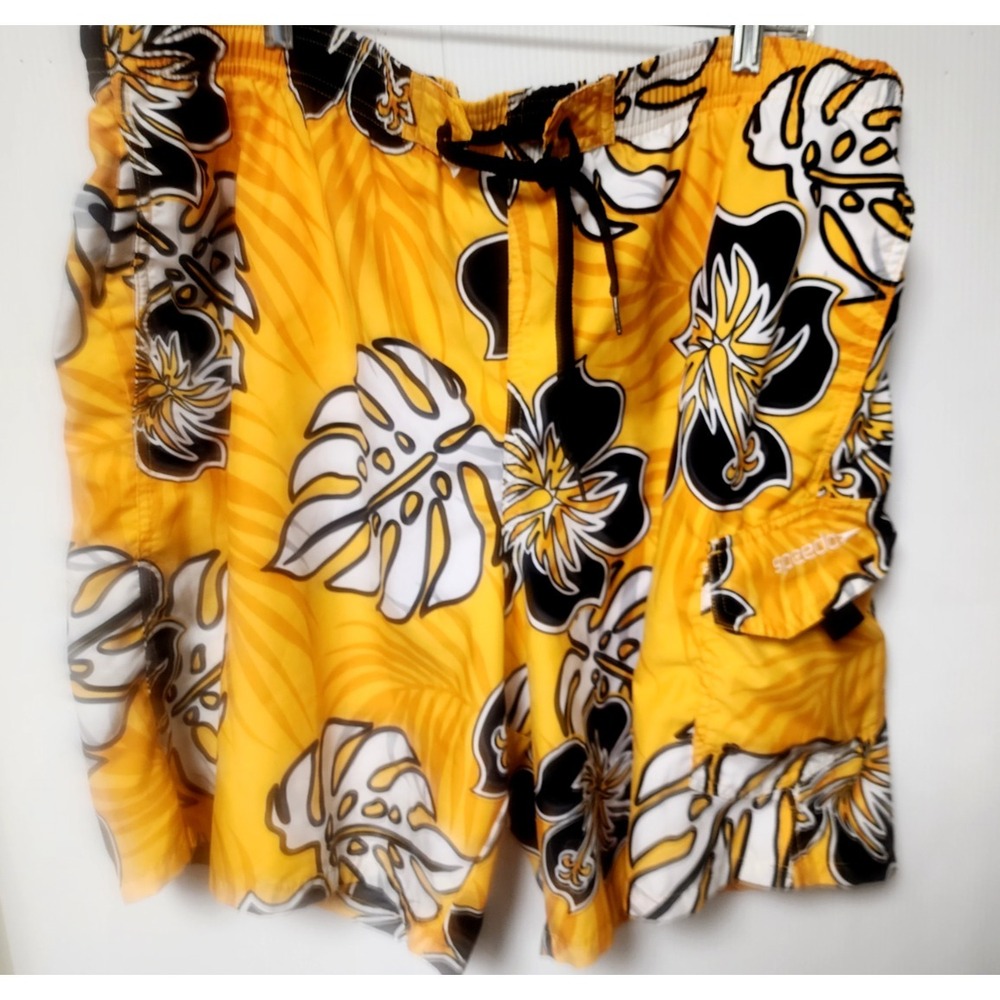 Speedo Men's Floral Hawaiian Swim Trunks Yellow and Black Size XL